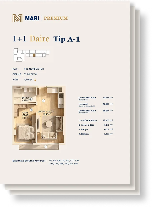 Mari Premium kat planı örneği — 1+1 Tip A-1